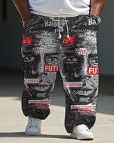 Men's Casual Cotton Fun African Black Face Newspaper Printed Loose Elasticated Waist Sport Jogging Pants